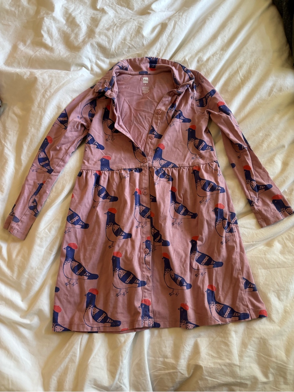 Tea Collection Pink Bird-Print Button-Front Shirt Dress with Navy & Red Accents